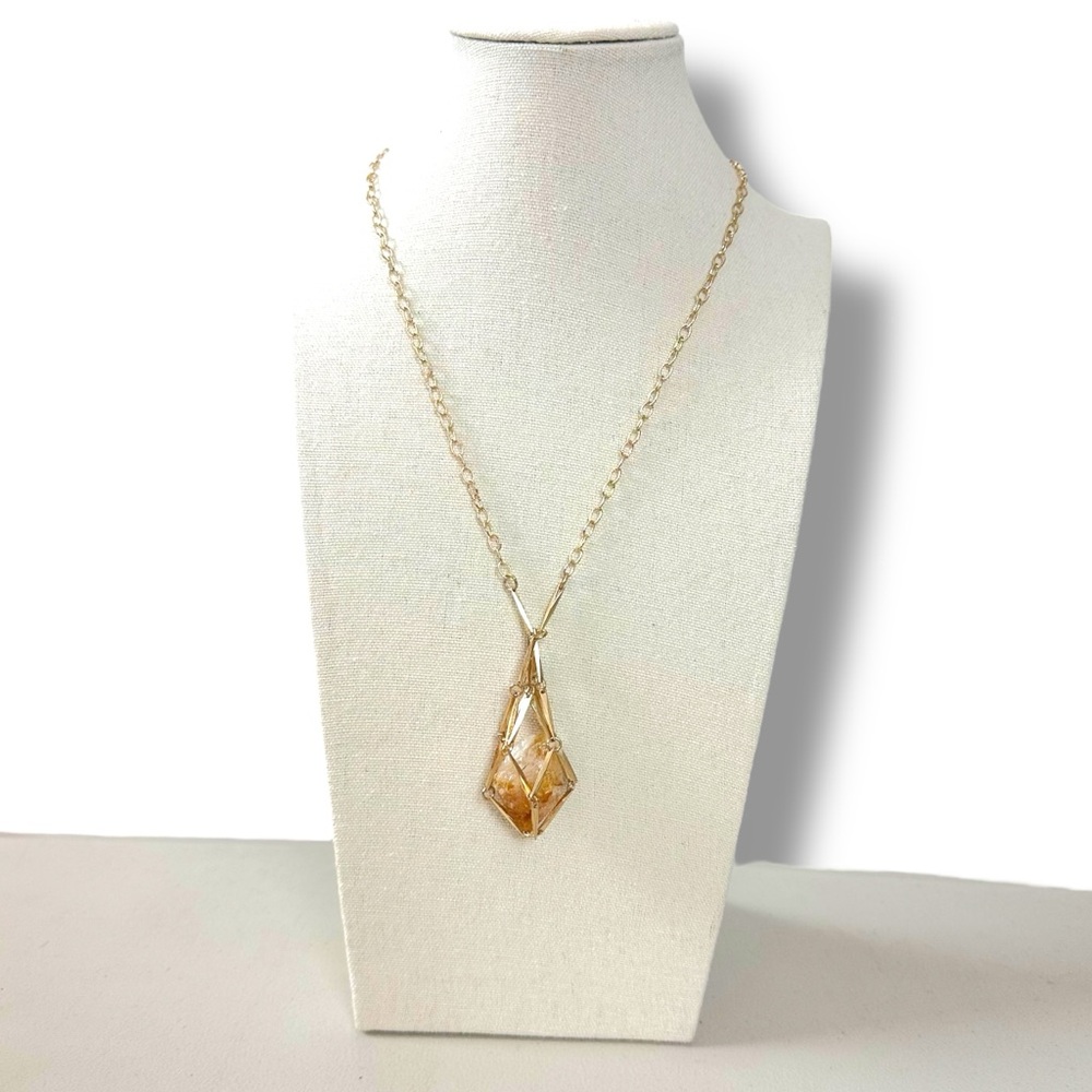 Free People Ariana Ost Caged Crystal Pendant Necklace Gold Bohemian Artisanal